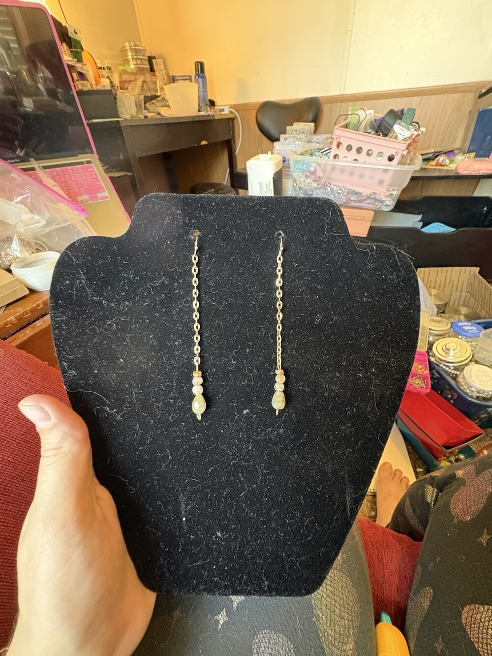 Long Gold Tone Chain Dangle Earrings Pale Green Faceted Teardrop Beads